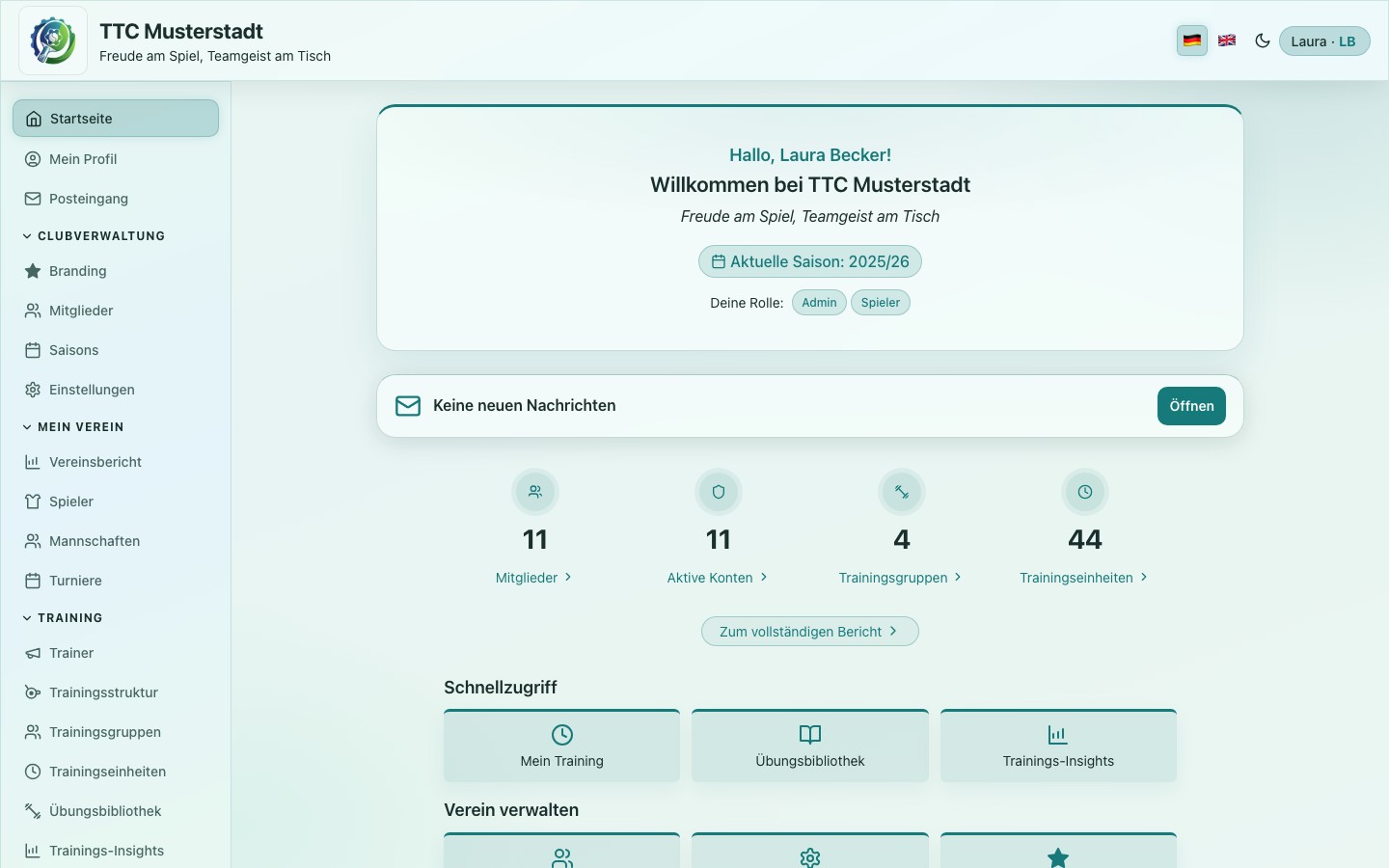 Dashboard der App mit aktiven Trainingsgruppen und Anwesenheitsstatistiken
